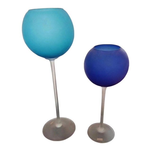 1960s Pair of Carlo Moretti Satinato Murano Glass Blue Goblet Vases For Sale