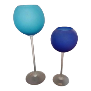 1960s Pair of Carlo Moretti Satinato Murano Glass Blue Goblet Vases