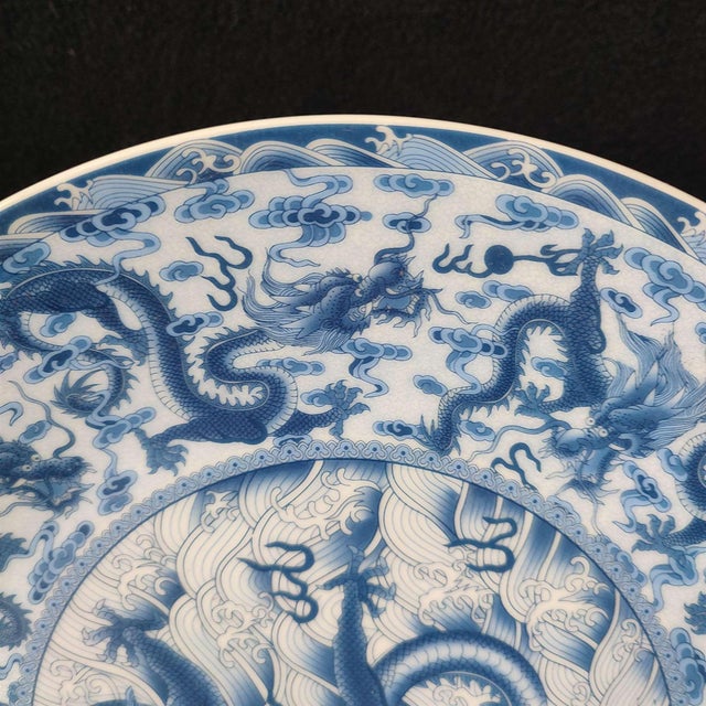 Chinese Ceramic Plate,Qianlong Marked Blue and White Porcelain Plate Hand Painted Dragon Pattern For Sale - Image 4 of 11