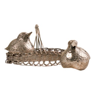 Mid-Century Bird and Braided Basket Salt Shakers in Silver-Plated Alpaca, 1950s, Set of 3 For Sale