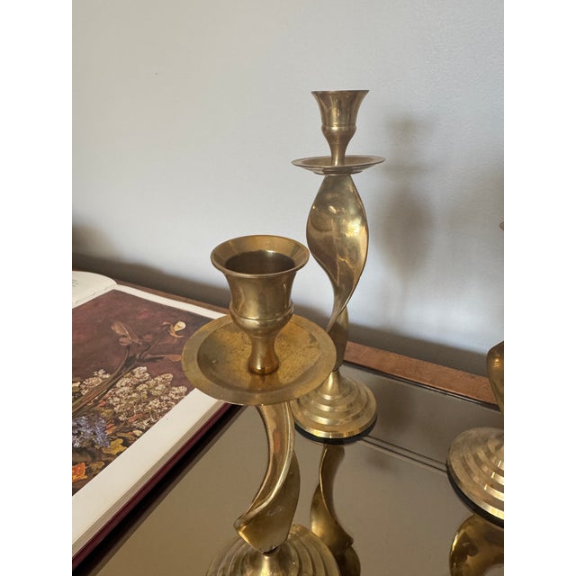 Metal Set of 3 Vintage Brass Swirl Candleholders For Sale - Image 7 of 7
