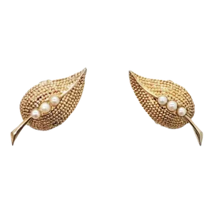 Circa 1955 Vintage Signed Boucher Faux-Pearl Leaf Clip Earrings- 2 Pieces