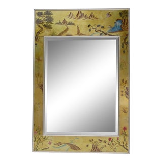 Vintage C1970's LaBarge Eglomise' Reverse-Painted, Chinoiserie Gilt Gold Leaf & Chrome Trimmed Rectangular Mirror For Sale