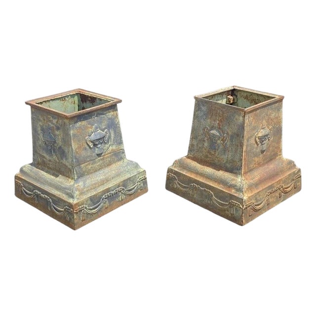 Vintage Neoclassical Style Green Cast Iron Garden Planter Urn Pedestal Base Pair For Sale