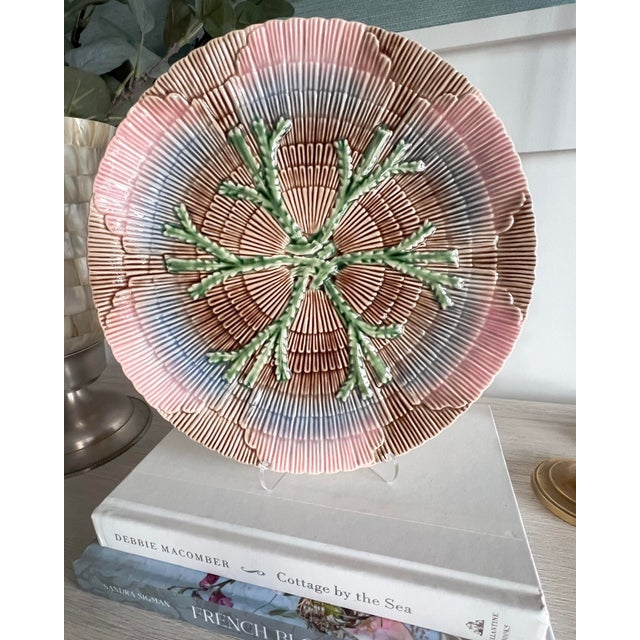 Bordallo Pinheiro Bordallo Pinheiro Blush & Blue Raised Seaweed Relief Ceramic Plate – 10.25" For Sale - Image 4 of 6