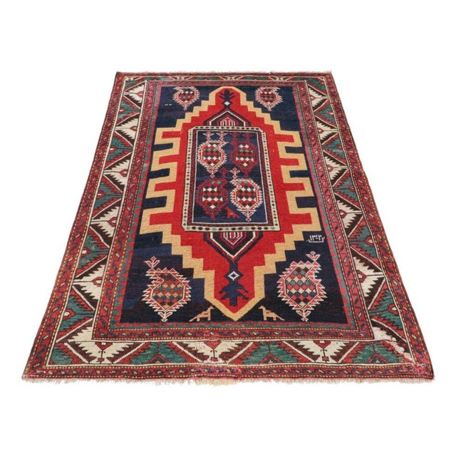 Late 18th Century Antique Kazak Rug in Red and Blue Tones With Geometric Medallion - Rug & Kilim For Sale - Image 5 of 7
