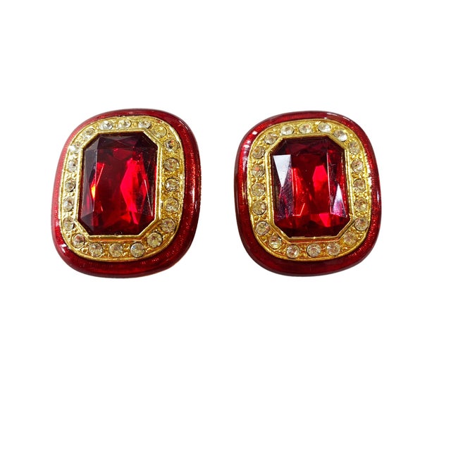 1960s Vintage Red Enamel and Faux Ruby /Clear Rhinestone Clip on Earrings For Sale - Image 5 of 11