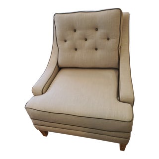 Taupe Linen Fabric Brown Leather Piping Chair For Sale