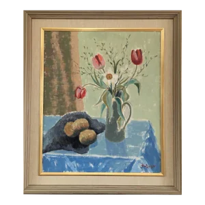 Mid-Century Modern 'Tulips in a Jug' Original Swedish Expressive Still Life Oil Painting, Framed