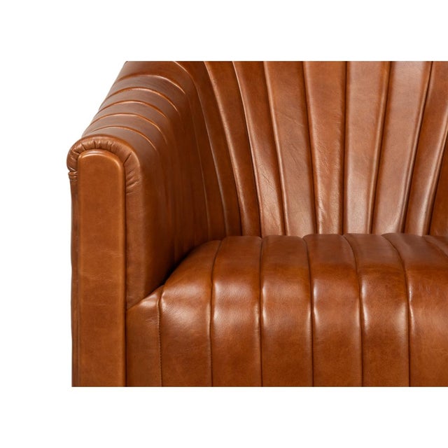 Brown Leather Channel Tufted Swivel Chair For Sale - Image 9 of 12
