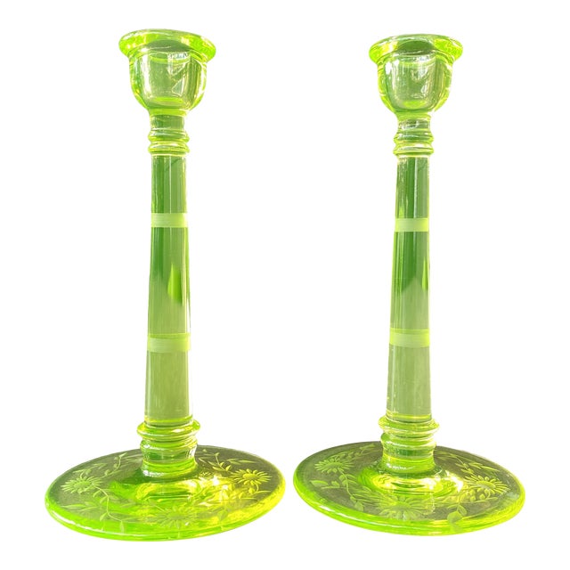 Vintage Green Vaseline Glass Candlesticks a Pair Chairish