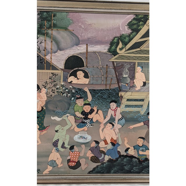 Folk Art Late 20th Century Southeast Asian Folk Art Village & Riverside Narrative Painting on Canvas For Sale - Image 3 of 12