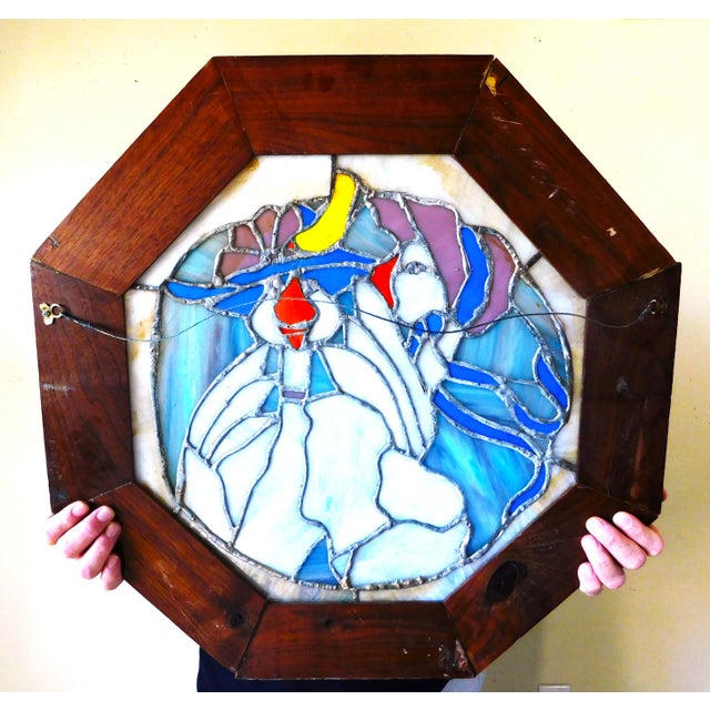 Wood Vintage Mid Century Mother Goose Nursery Rhyme Figural Stained Glass Window Panel For Sale - Image 7 of 8