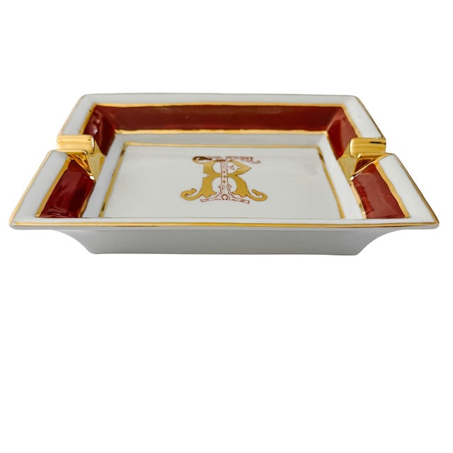 French Vintage Limoges France Porcelain Ashtray, Hand-Painted Italian Monogram by Beatrice Menicossi, 1997 For Sale - Image 3 of 9