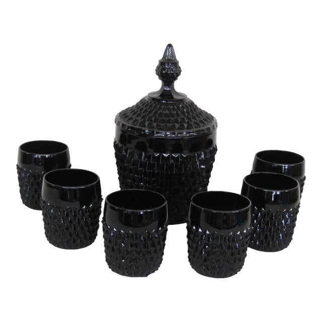 Indiana Glass Tiara Cameo Black Diamond Point Ice Bucket and 6 Tumbler Set 4381b For Sale