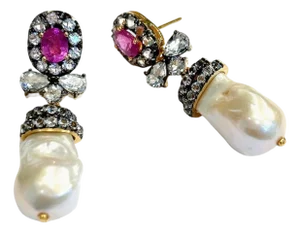 Bochic "Orient" Vintage Ruby, Topaz & White Pearls Earrings Set 18K Gold & Silver