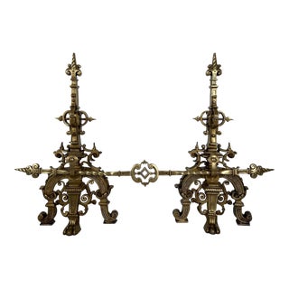 1900s Important Bronze Fireplace Adornment Made of a Andirons and a Bronze Bar - a Pair For Sale