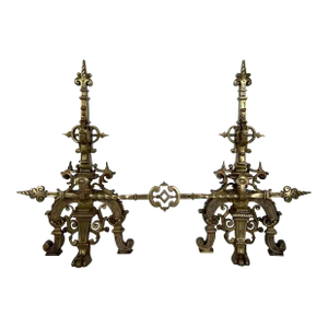 1900s Important Bronze Fireplace Adornment Made of a Andirons and a Bronze Bar - a Pair
