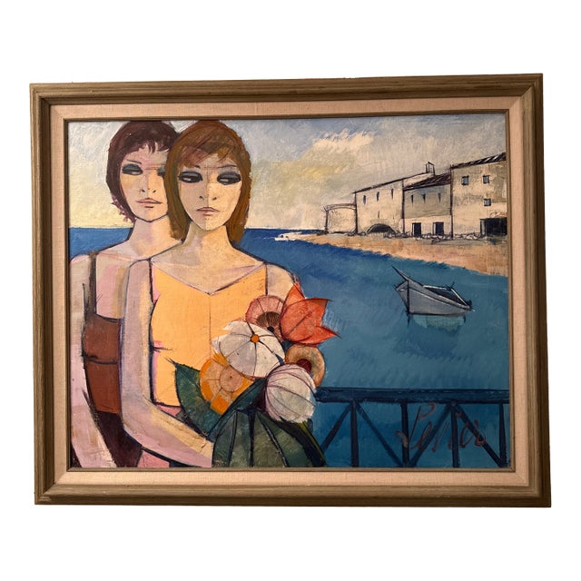 1960s Charles Levier Two Women Original Canvas Oil Painting For Sale