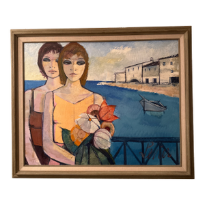 1960s Charles Levier Two Women Original Canvas Oil Painting