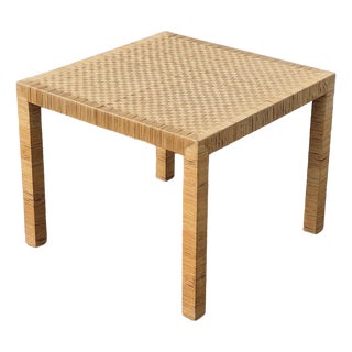 1970s Rattan Wrapped 36” Square Dining Table, After Bielecky Bros For Sale