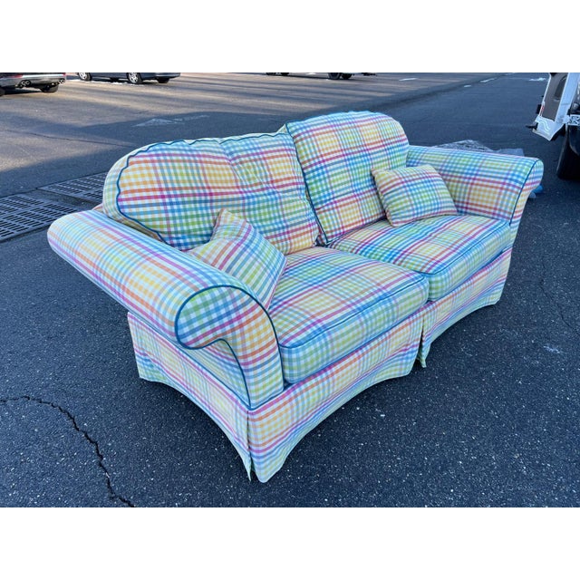 1990s Colorful Tailored Custom Upholstered English Roll Arm Style Sofa For Sale - Image 4 of 6