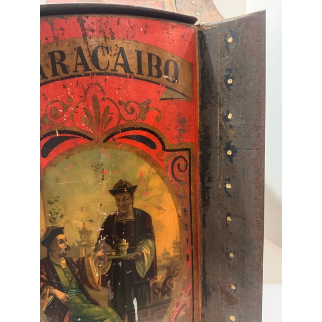 Antique Maracaibo Tea Caddy Hand-Painted Tin Toleware Scenic Front For Sale In Atlanta - Image 6 of 11