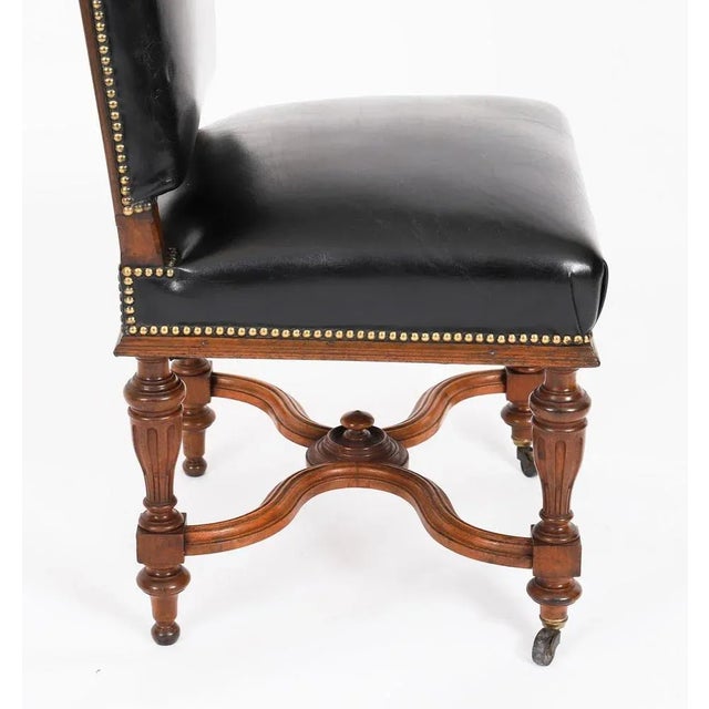 Antique French Walnut and Black Leather Dining Chairs, 19th Century, Set 12 For Sale - Image 4 of 13
