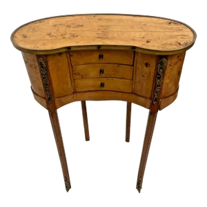 1950s Kidney Nightstand Three Drawers Brass Accents Birdseye Maple French Style