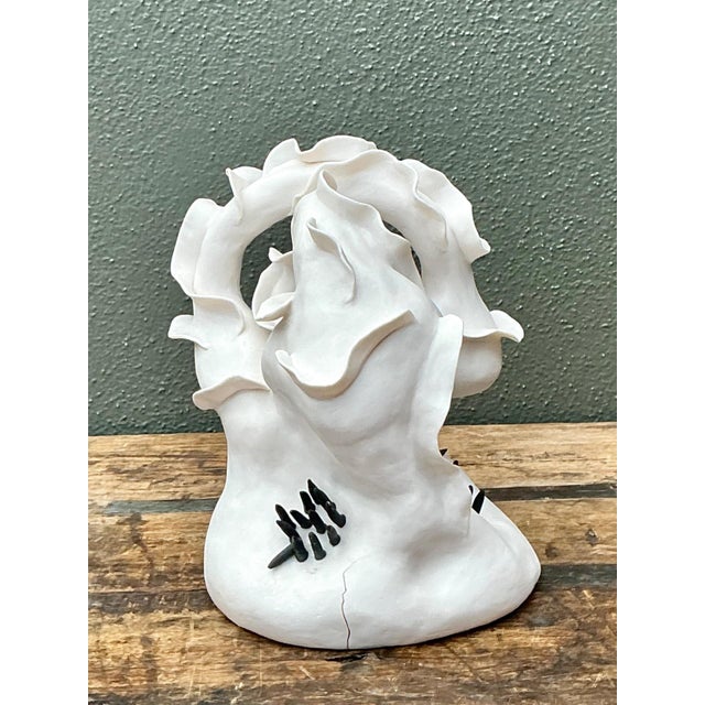 Off-white Vintage Abstract Floral Studio Pottery Vase For Sale - Image 8 of 18