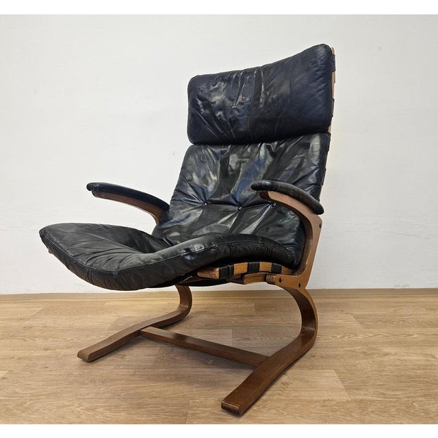 Wood Kengu Leather Lounge Chair by Elsa & Nordahl Solheim Rybo Rykken, 1965 For Sale - Image 7 of 14