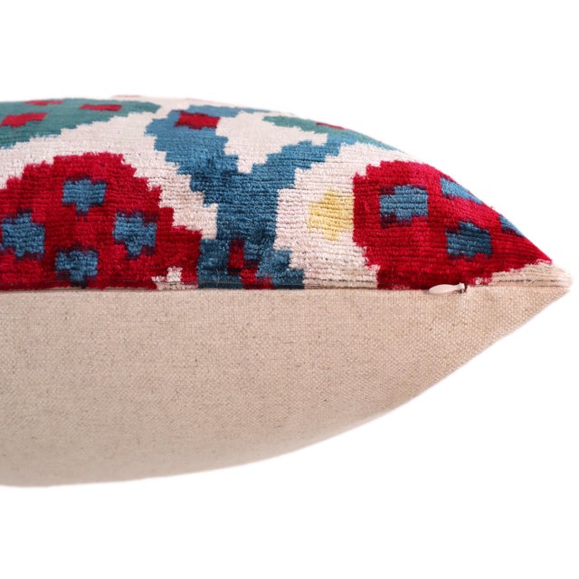 Textile Multicolor Ikat Silk Velvet Pillow 20x20 | Handmade Luxury Designer Cushion For Sale - Image 7 of 8