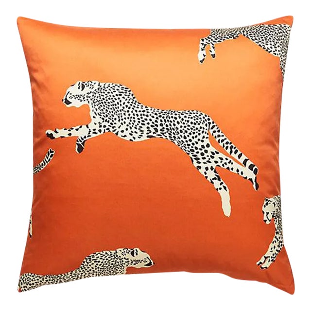 The House of Scalamandré Leaping Cheetah Pillow, Clementine For Sale