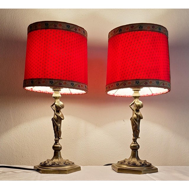 Metal Vintage Table Lamps with Figurative Brass Base and Handmade Fabric Shade, 1960s, Set of 2 For Sale - Image 7 of 12
