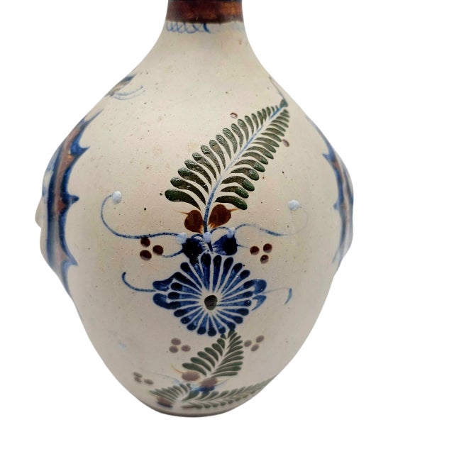 VTG Tonala Folk Art Pottery Vase Bottle Sun Face Hand Painted Mexico 9.5" For Sale - Image 4 of 10