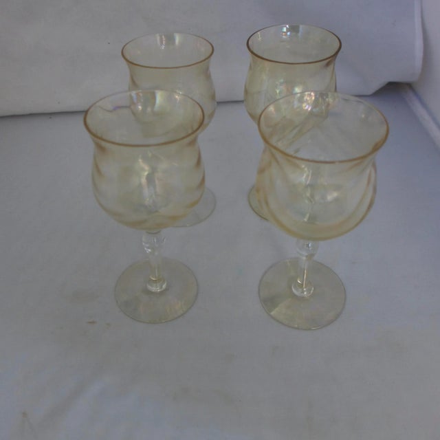 Mid-century modern set of four fostoria crystal optic gold iridescent bar/wine glasses. 2.35"D X 5.5"H Base 2.35"D