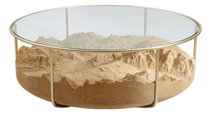 Transparent Glass Coffee Table in Cherry Wood and Brass Frame by Dolomitisch