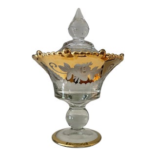 Vintage "Paden City Glass" Large Etched Roses Gold Glass Compote With Lid For Sale