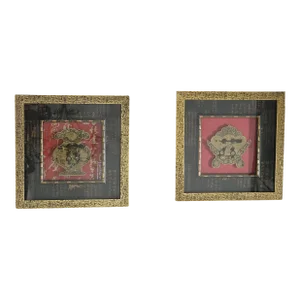 Framed Japanese Gilt & Ebonized Ceremonial Harvest Medallions 20th Century - a Pair