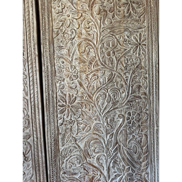 White Hand-Carved Tree of Life Wood Door Panel | Vintage Whitewashed Wooden Wall Art 80x36 For Sale - Image 8 of 10