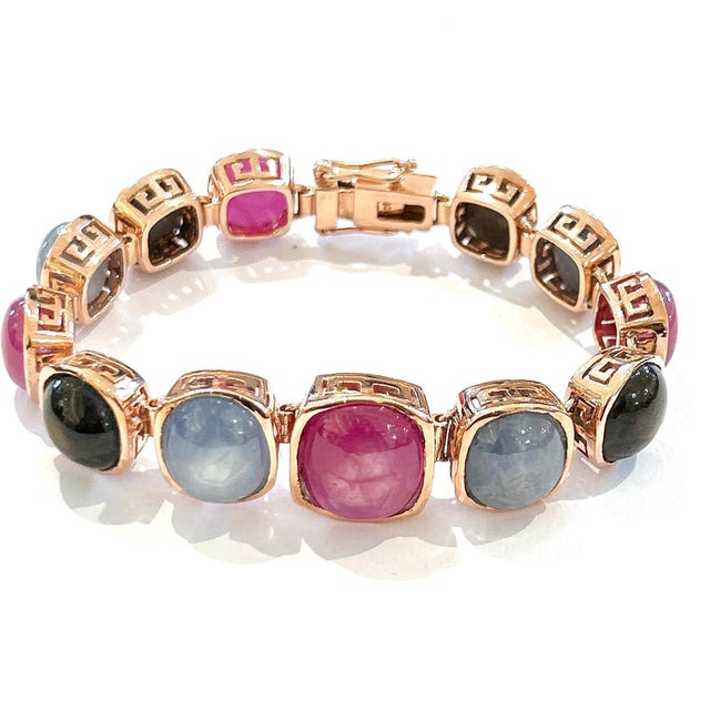 Bochic "Capri" Vintage Ruby & Multi Color Fancy Sapphires Cuff Set In 18K & Silver Natural Red Ruby - 9 Carats Natural...