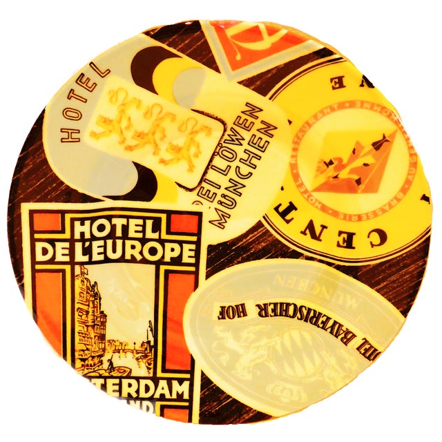 How fun is this set of 4 salad/dessert plates?! European travel themed with a souvenir sticker motif. Graphically...