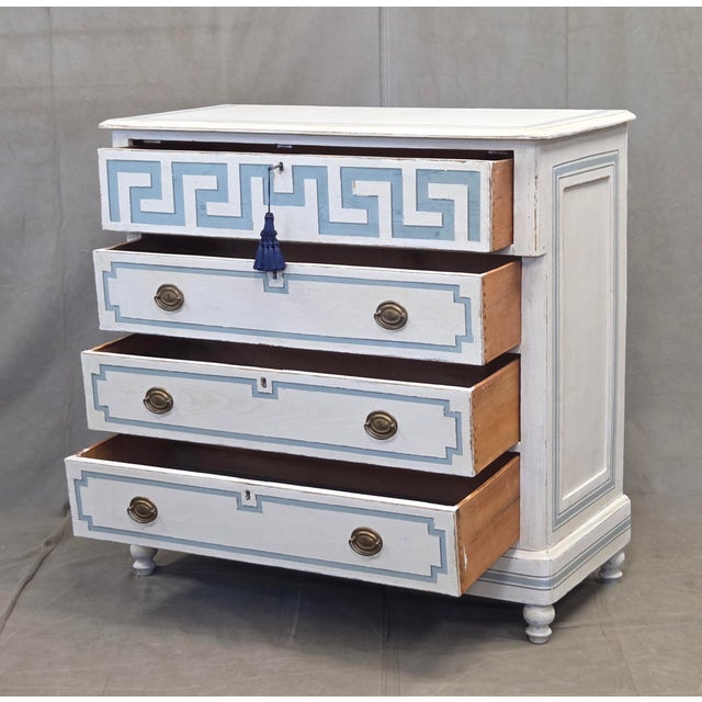 French Antique 19th C. Painted Pine Dresser Chest of Drawers With Greek Key Motif For Sale - Image 3 of 17