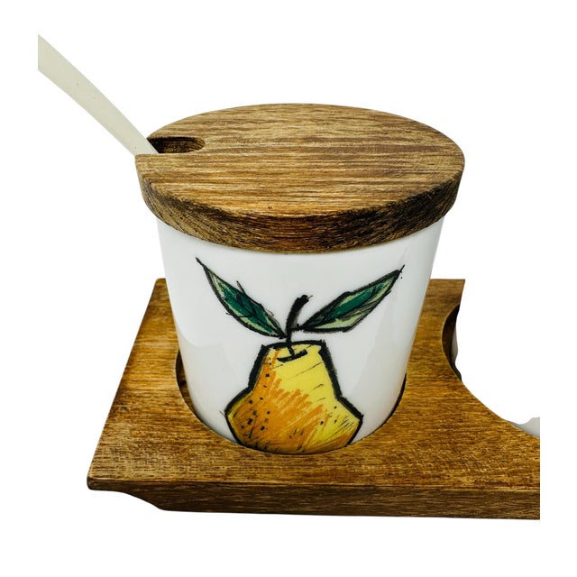 Mid-Century Modern Mid-Century Modern Serv-Wood Reversible Porcelain Fruit Jam Jar Set - 5 Pieces For Sale - Image 3 of 15