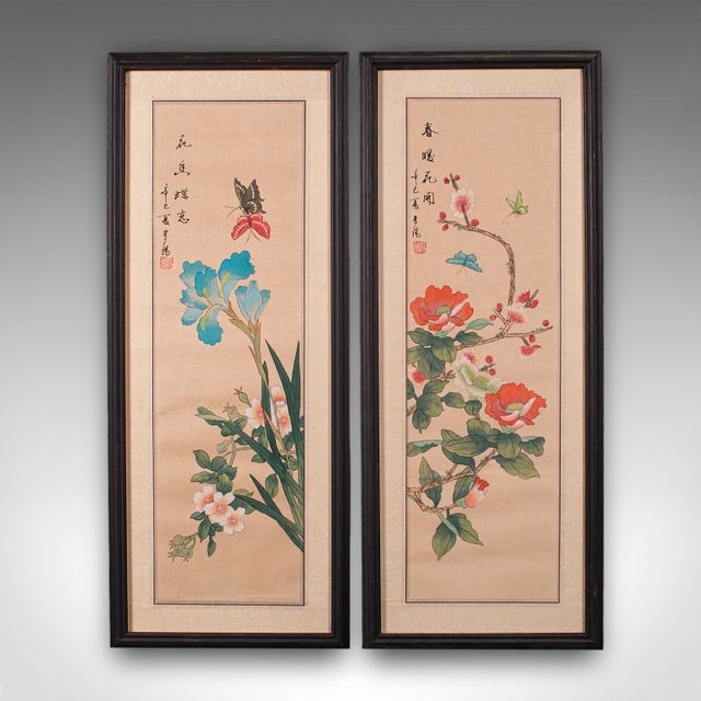 This is a pair of antique guó huà decorative panels. An Oriental, watercolour on woven silk cotton frieze, dating to the...
