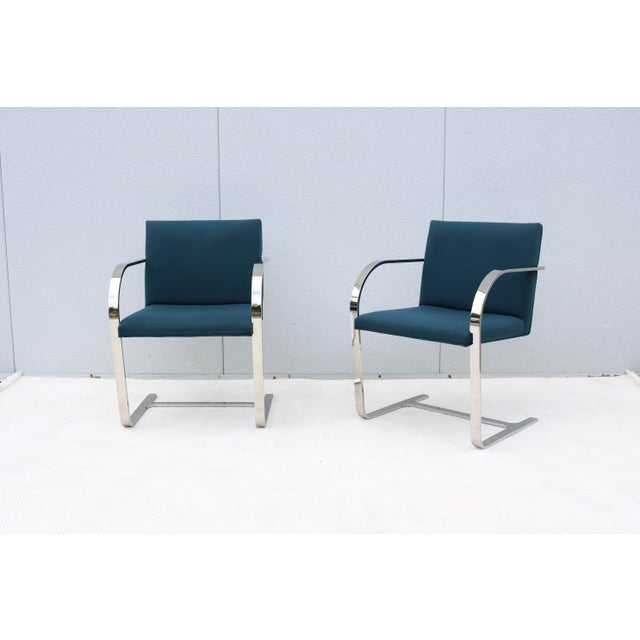 Bauhaus Ludwig Mies Van Der Rohe Brno Flat Bar Chairs in Blue Fabric by Gordon, a Pair For Sale - Image 3 of 18