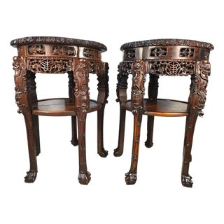Companion Pair of Late Qing Dynasty–Early Republic Era Cantonese Carved Hardwood Marble-Top Stands For Sale