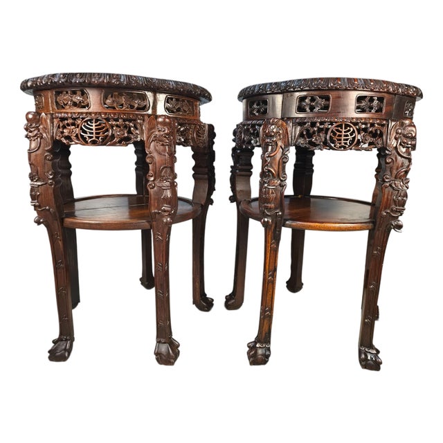 Companion Pair of Late Qing Dynasty–Early Republic Era Cantonese Carved Hardwood Marble-Top Stands For Sale