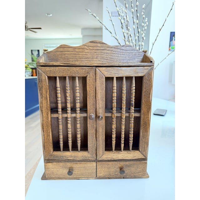 Victorian Late 19th Century Victorian Oak Spindle-Door Wall Cabinet — Barley-Twist Doors, Two Drawers, Hanging Display Case For Sale - Image 3 of 5