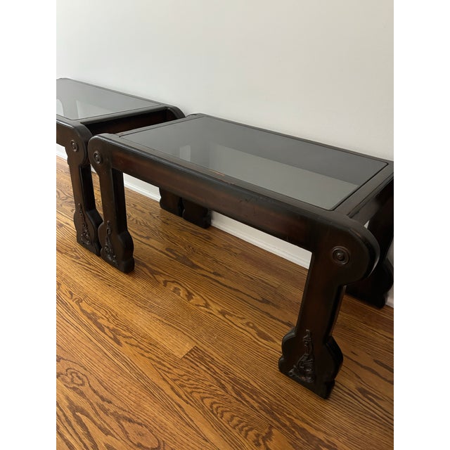 Early to Mid Twentieth Century Chinese Asian Carved Wood Side Tables With Smoky Glass Inserts, a Pair For Sale - Image 10 of 12